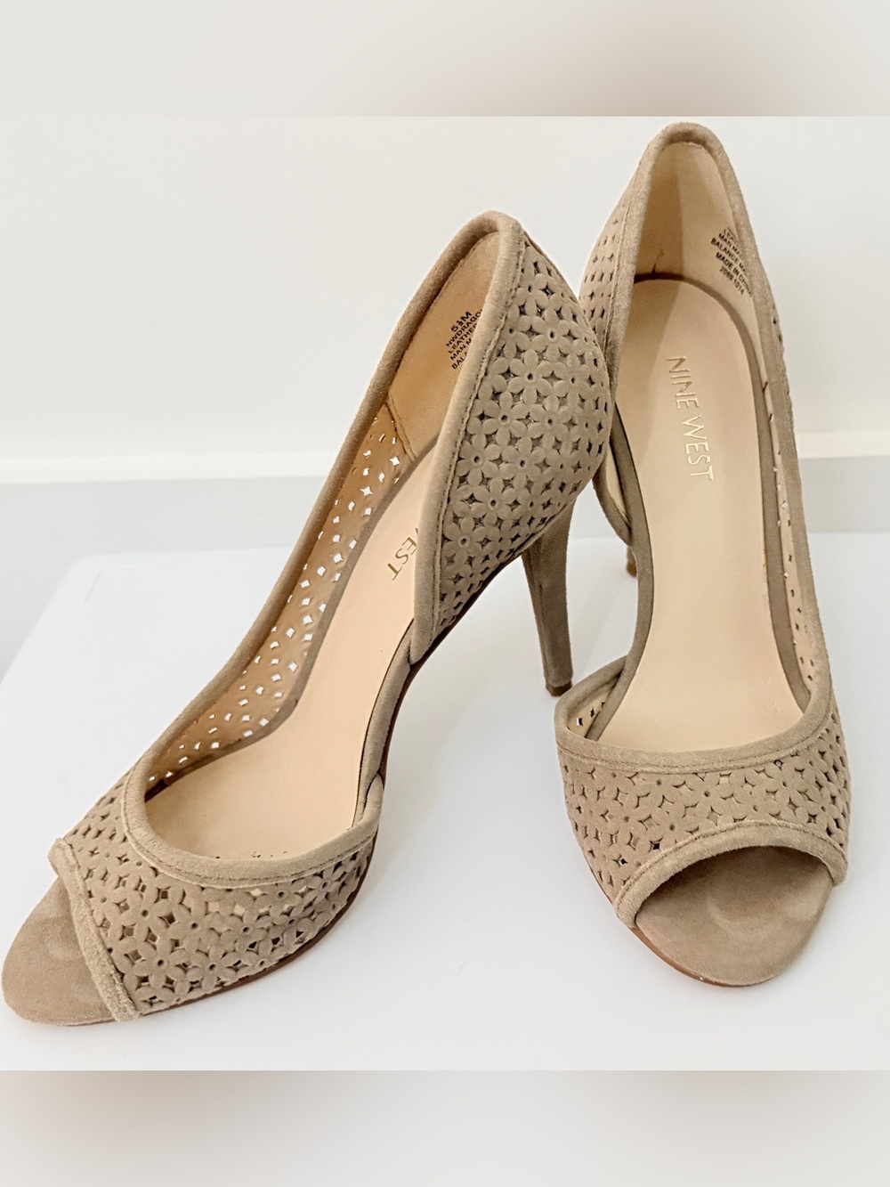 Nine West Taupe sage green Laser-Cut Peep-Toe Stiletto Heels